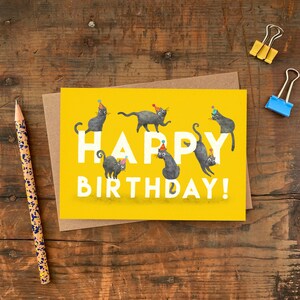 Biglietto di auguri di buon compleanno con gatto in formato A6 / Biglietto di auguri senza plastica con gatto / Biglietto con gatti in cappelli da festa per bambini o adulti