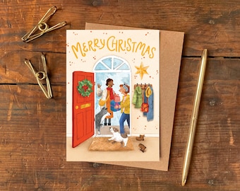 Christmas Guests Illustrated Christmas Card / Hand drawn Holiday Greetings Card / Festive Character Illustration Card