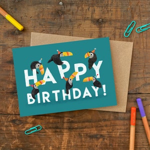 Carte de joyeux anniversaire toucan A6 / carte de voeux avec personnage oiseau sans plastique / toucan dans des chapeaux de fête / carte d'anniversaire pour enfants