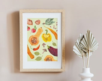 Vegetable Recycled A4 Art Print, Eco Friendly Food Illustration, Wall Art for Kitchen, Living Room, Dinging Room Gift Print