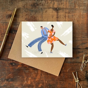 Let's Boogie Wenskaart / Verjaardag, Verloving, Bruiloft of Feest Kaart met Geïllustreerde Swing Dans Paar / Plastic Free Card