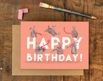 Happy Birthday Rabbit A6 Card / Bunny Character Greetings Card / Rabbits with Party Poppers / Children's Birthday Card