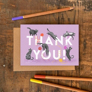 Tarjeta de agradecimiento de gato tamaño A6 / Tarjeta de felicitación ilustrada con personaje animal / Gracias para niños o adultos / Ilustración divertida de gato sin plástico