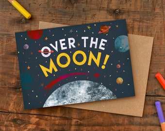 Over the Moon Greetings Card, Plastic Free Blank Celebration Card, Illustrated Congratulations Card
