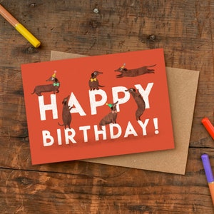 Tarjeta de felicitación de cumpleaños con forma de perro salchicha / Tarjeta de felicitación con forma de perro salchicha / Perros con sombreros de fiesta / Tarjeta de cumpleaños para niños