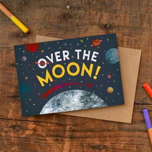 Over the Moon Greetings Card, Plastic Free Blank Celebration Card, Illustrated Congratulations Card image 1