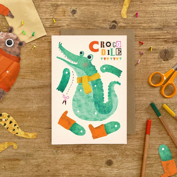 Krokodil Split Pin A5 Grußkarte / Kinder Ausschnitt Aktivität für Geburtstage oder Feiern / Alligator Illustrierte Karte
