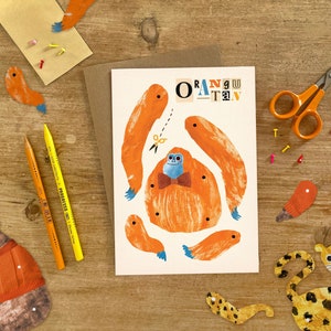 Orangutan Split Pin Puppet A5 Biglietto di auguri / Attività ritagliata per bambini per compleanni o celebrazioni / Monkey Illustrated Card