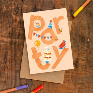 Biglietto d'auguri A6 per festa di compleanno / Biglietto d'auguri per torta e palloncini senza plastica / Biglietto con anguria per festa in discoteca per bambini o adulti