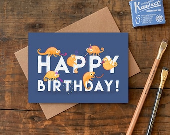 Chameleon Birthday Card | Illustrated Chameleon Greeting for Kids or Adults, Plastic Free