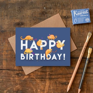 Buon compleanno Camaleonte A6 Card / Biglietto di auguri con personaggio Camaleonte senza plastica / Camaleonti con cappelli da festa / Biglietto di compleanno per bambini