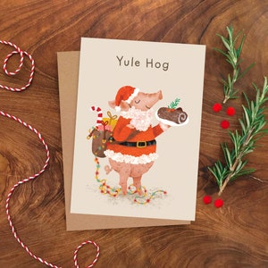 Yule Hog-kerstkaart / Geïllustreerde kerstwenskaart / Kerstman varken illustratie / Grappige kerstkaart met schattig varken van de kerstman