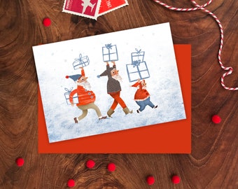 Christmas Elves Card, Christmas Present Greetings Card, Elf Holiday card, Xmas Card