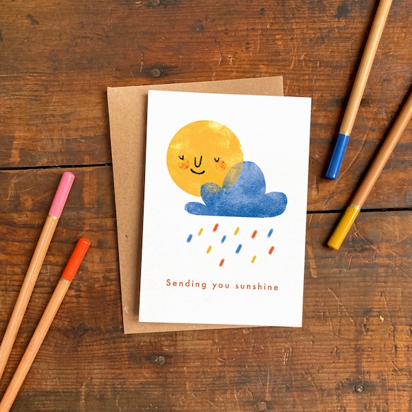 Sending You Sunshine A6 Greeting Card / Friendship, Get Well Soon or Thinking of You Card / Illustrated Blank Greetings Card with Raincloud