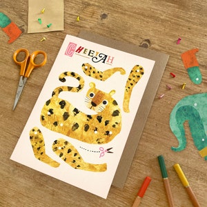 Cheetah Split Pin Puppet A5 Greeting Card / Children's Cut Out Activity fo Birthdays or Celebrations  / Big Cat Illustrated Card