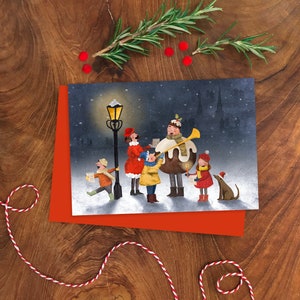 Carol Singers A6 Kerstkaart / Plastic Gratis Geïllustreerde Kaart / Koor Zangers Vakantiekaart / Kerstkaart met Illustratie