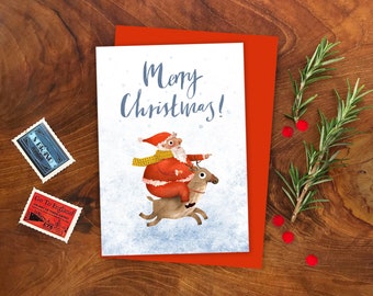 Father Christmas Card, Dasher the Reindeer Greetings Card, Santa Holiday card, Xmas Card