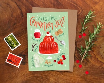 Cranberry Jelly Recipe A6 Christmas Card / Illustrated Food Greetings Card / Christmas Pudding Card / Festive Holiday Card