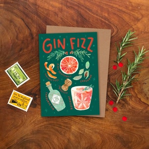 Biglietto di auguri di Natale Gin Fizz / Biglietto di auguri con ricetta di cocktail illustrata / Biglietto Gin & Tonic / Biglietto di auguri per le feste