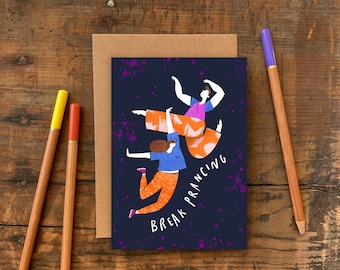 Break Prancing Greeting Card / Birthday or Celebration Card with Illustrated Dancing Couple / Plastic Free Card with Character Illustration