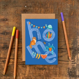 Nieuwe home ornamenten A6 wenskaart / geïllustreerde kat en schildpad kaart voor verhuizen / Housewarming typografie kaart