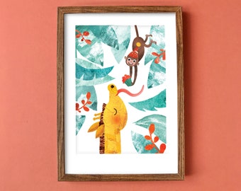 Giraffe & Monkey Recycled A4 Art Print, Eco Friendly Illustrated Wall Art for Bedroom, Nursery, Living Room, Unframed Print