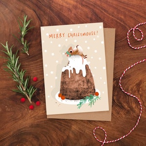 Christmas Pudding Mouse A6 Biglietto di Natale / Biglietto di auguri Merry Christmouse / Biglietto illustrato con topi / Biglietto Figgy Pudding