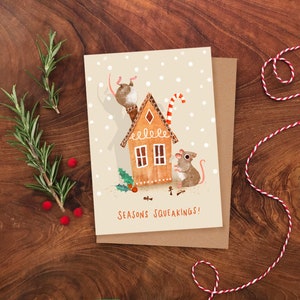 Gingerbread Mice A6 Christmas Card / Seasons Squeakings Greetings Card / Illustrated Mouse Card / Gingerbread House Card