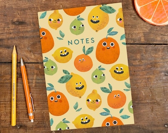 A5 Lemon Faces Notebook / Plain Recycled Notepad / Illustrated Journal with Patterned Lemon Cover Illustration Doodles, Drawings and Lists