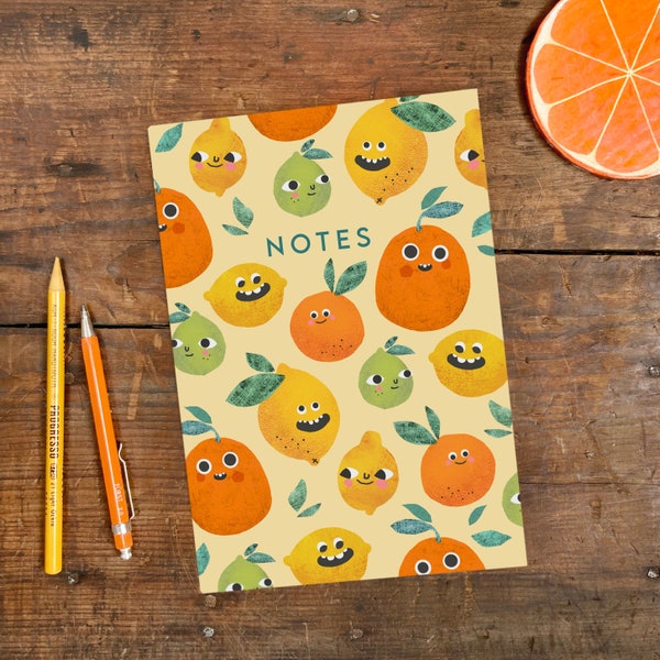 A5 Lemon Faces Notebook / Plain Recycled Notepad / Illustrated Journal with Patterned Lemon Cover Illustration Doodles, Drawings and Lists