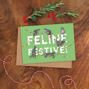 Carte de Noël chat festif félin, carte de voeux illustrée festive, carte de vœux drôle de chat, carte d'illustration de Noël