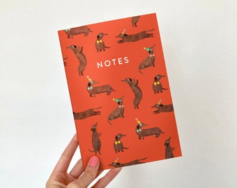 A5 Sausage Dog Notebook / Recycled Illustrated Plain Notepad / Journal with Patterned Dachshund Cover for Notes and Lists