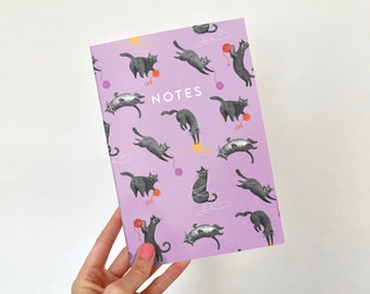 A5 Cat Notebook / Recycled Illustrated Plain Notepad / Lilac Journal with Patterned Kitten and Cat Cover for Notes and Lists