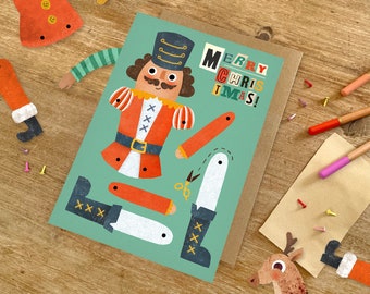 Nutcracker Split Pin Puppet A5 Greeting Card / Children's Cut Out Activity Stocking Filler for Holiday Celebrations / Illustrated Card