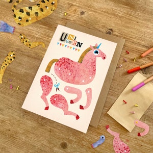 Unicorn Split Pin Puppet A5 Tarjeta de felicitación / Actividad recortada para niños para cumpleaños o celebraciones / Tarjeta de cumpleaños ilustrada con caballos