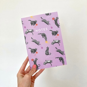 A5 Cat Notebook / Recycled Illustrated Plain Notepad / Lilac Journal with Patterned Kitten and Cat Cover for Notes and Lists