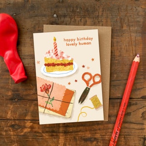 Birthday Human Greetings Card / Lovely Human Plastic Free Illustrated Birthday Card with Cake / Adult or Children's Birthday Card image 1
