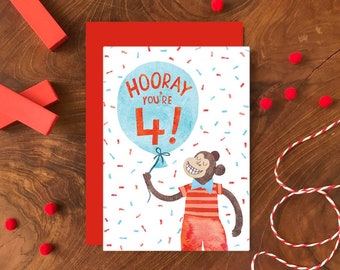 Hooray You're 4 Birthday Card A6 /  Children's Illustrated Greeting Card / Monkey Four Years Old Age Card