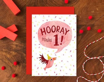 Hooray You're 1 Greetings Card A6 / Children's Illustrated Animal Birthday Card / Bird One Year Old Card