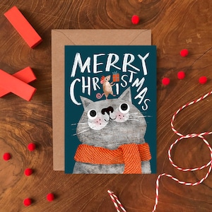 Carte de chat et de souris de Noël / Carte de vœux illustrée sans plastique / Carte de personnage de chat et de souris de Noël
