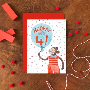 Hooray You're 4 Birthday Card A6 / Tarjeta de felicitación ilustrada para niños / Monkey Four Years Old Age Card