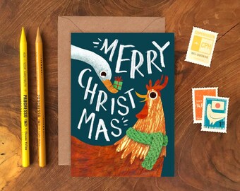 Cartão de Natal A6 de Frango e Pato/Cartão de Natal de Tipografia Ilustrada Livre de Plástico/Cartão de Saudações de Personagem Animal