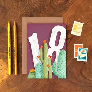 18th Cactus Birthday Card, Plastic Free Eighteen Illustrated Age Card, Cactus Birthday Card, Typography Houseplant Greetings Card