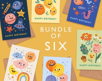 Bundle of Six Funny Faces Birthday Cards / Pack of Kids or Adults Cards in 6 Colourful Designs, Lemons, Balloons, Flowers, Fish, Space & Sun