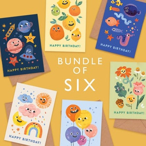 Bundle von sechs Geburtstagskarten mit lustigen Gesichtern / Kartenset für Kinder oder Erwachsene in 6 bunten Designs, Zitronen, Luftballons, Blumen, Fische, Weltraum & Sonne