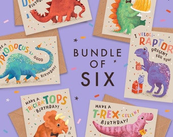 Bundle of Six Dinosaur Birthday Cards, Pack of Dino Pun Cards in 6 Colourful Designs, T-Rex, Diplodocus, Triceratops, Velocorator