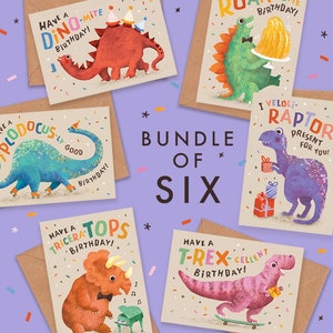 Paquete de seis tarjetas de cumpleaños de dinosaurios, paquete de tarjetas Dino Pun en 6 diseños coloridos, T-Rex, Diplodocus, Triceratops, Velocorator