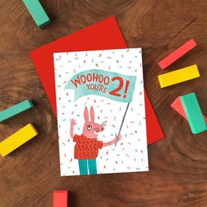 Woohoo Du bist 2! Grußkarte, Illustrierte Geburtstagskarte für Kinder, Kaninchen zwei Jahre alte Karte