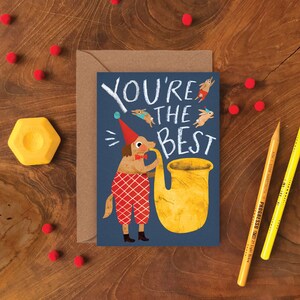 You're the Best Grußkarte mit Trompete spielendem Hund / Liebe und Freundschaftskarte / Illustrierte Karte zum Thema Zirkus