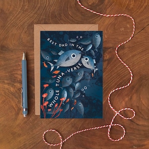 Biglietto con il miglior papà dell'intero Tuna-Verse, biglietto per la festa del papà o il compleanno senza plastica con illustrazione di pesce, biglietto di auguri per papà tonno